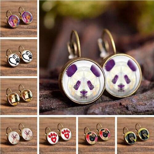 Cute Panda Cat Elk Pattern Stud Earrings Fashion Women Jewelry Accessories Ear Dome Glass Cabochon Earrings Handmade Gift