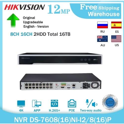 Hikvision 4K POE NVR DS-7616NI-I2/16P 16CH Onvif 2 Sata H265+ P2P CCTV NVR For IP Camera Security camera system Video Recorder