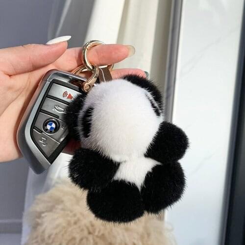 High Quality Real Mink Fur Keychain Small Panda Women Bag Ornaments Pendant Plush Cute Bear Car Key chain Metal Ring Kids Gifts