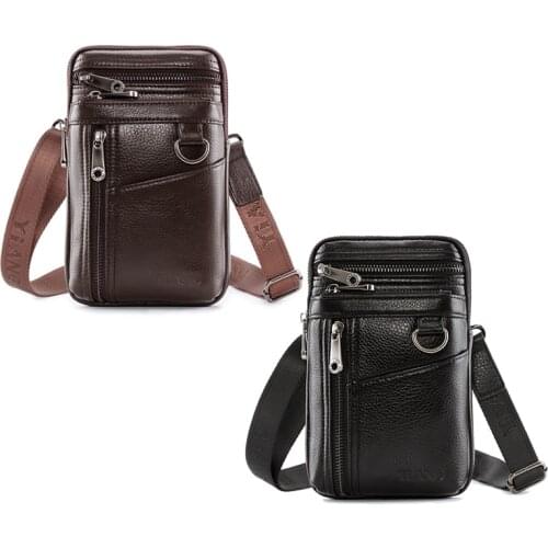 YIANG Brand Leather Mobile Phone Pockets Mens Business Casual Wear Belt Vertical Multi-Function 7Inch Crossbody Small Bag