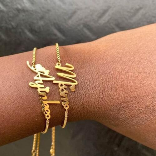 Custom Name Bracelets For Women Girls Gold Pulseras Personalized Stainless Steel Engraved Nameplate Charm Bracelet Femme Jewelry