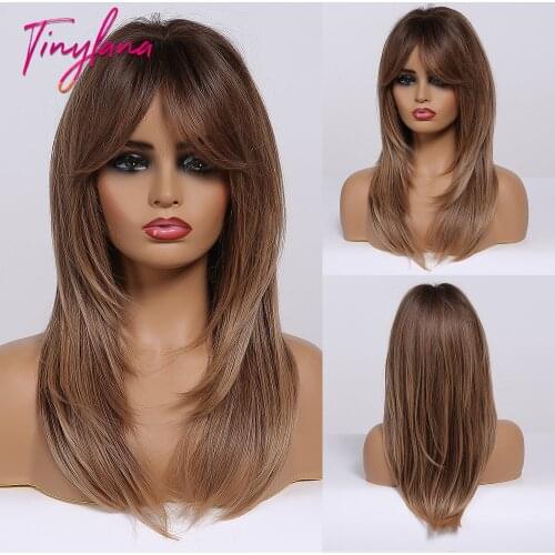 TINY LANA Women Black Brown Omber Synthetic Wigs Straight Medium Length Layered Style Heat Resistant with Bangs Natural Party