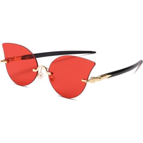 Unique Pearl Metal Plastic UV400 Glasses Women Rimless Cateye Cat Eye Sunglasses