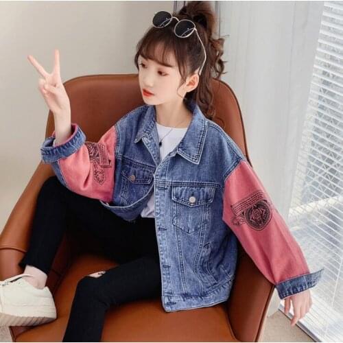 2021 Korean style girls denim patchwork coat fashion long sleeve autumn girls coat 5-10t B703