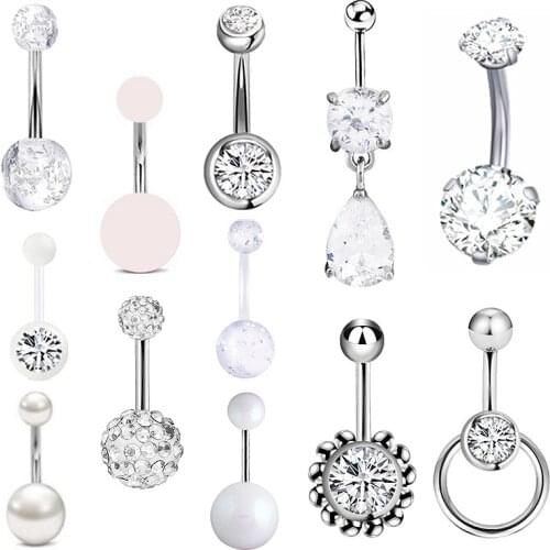 1 Set/12 Pcs Geometric Stainless Steel Crystal Pendant Belly Button Ring Women Body Piercing Jewelry Accessories