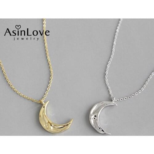 AsinLove Exquisite Irregular Surface Moon Necklace 925 Sterling Silver Concave-convex Hammered Pendant Handmade Women Jewelry