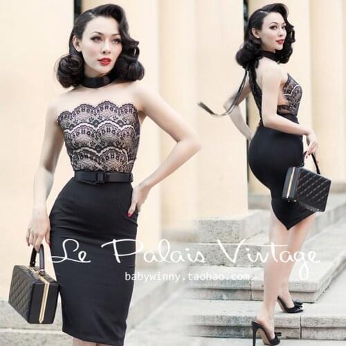 FREE SHIPPING Le Palais Vintage 2016 Summer New Elegant Sexy Lace Stitching Black Sleeveless Slim Dress Women Clothing Vestidos