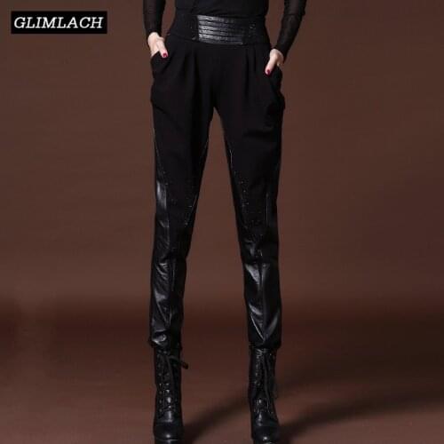 Fashion Patchwork Women Harem Pants Plus Size 5XL Sheepskin Real Leather Trousers Female Casual Elastic Waist Full Length Pants