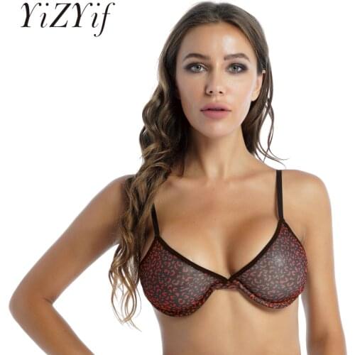 Womens Leopard Print Unlined Underwire Bra Underwear Lingerie See-through Mesh Bikini Top Adjustable Shoulder Straps Bralette