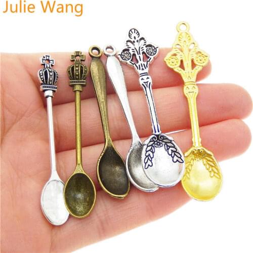 Julie Wang 6PCS Mixed Colors Vintage Spoon Tableware Charms Alloy Bracelet Jewelry Making Pendant Metal Accessory