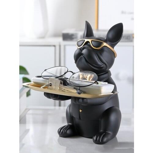 Resin Dog Figurine French Bulldog Sculpture with Metel Plate Keys Jewelry tools Storage holder Gift Home Table Decoration