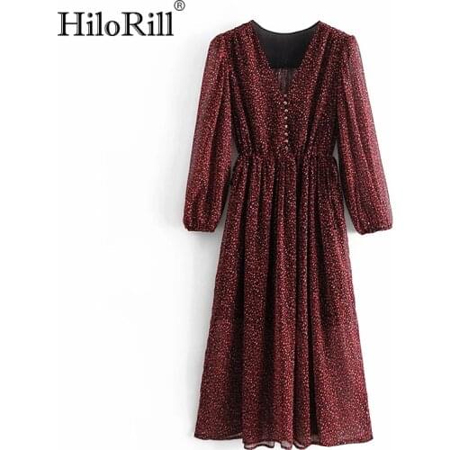 HiloRill 2021 Printed V Neck Midi Dress Women Drawstring Elastic Waist Chiffon Dress Long Sleeve A Line Chic Dresses Vestidos
