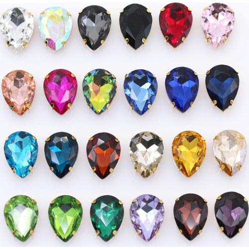 All-size Teardrop 24-Colors crystal glass sewing stone sew on rhinestone jewels 4-Hole beads Gold base button for clothes craft