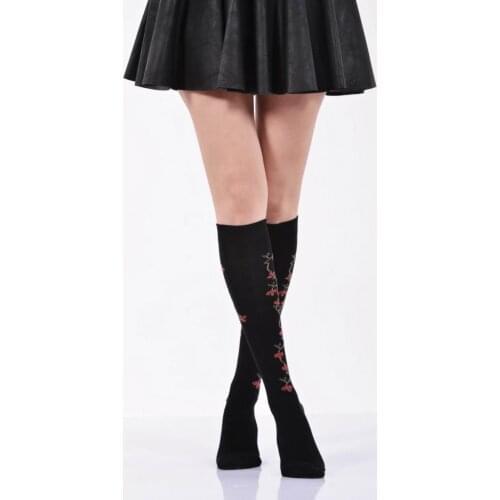 Idilfashion Women Hand Red Floral Below-Knee Socks-Black-B-ART013 (3'LÜ PACKAGE)