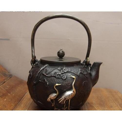 Jepan Iron Silver Gilt Pine Tree Tortoise Red-crowned Crane TeaPot Teakettle Pot