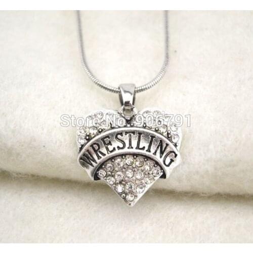 Fashion 50pcs a lot rhodium plated WRESTLING with white crystal heart pendant necklace