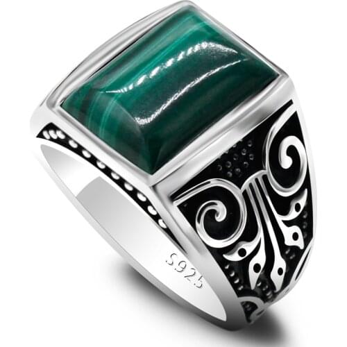 Mens Malachite Ring 925 Sterling Silver Natural Rectangular Green Gemstone Ring Mens and Womens Vintage Turkish Lucky Jewelry