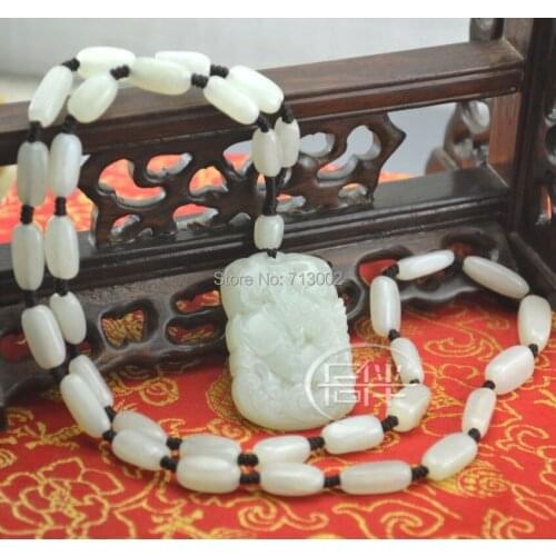 Nature milky Jade unicorn Amulet kylin Pendant jadite Bead Necklace Talisman -Lucky