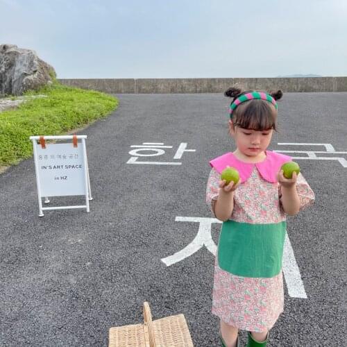 Summer New Arrival korean style girls dress with doll collar short sleeve floral matching colors princess dress for cute girls