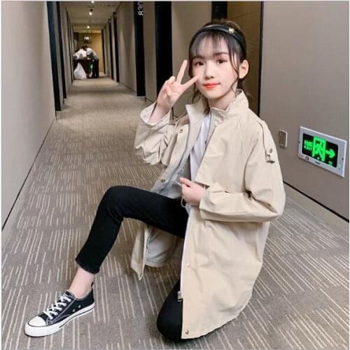 Girls Jackets Autumn Teenage Girls Khaki V Collar Zipper Cotton Long Jacket Girl Cotton Windbreaker Trench Coat Kids Top&outwear