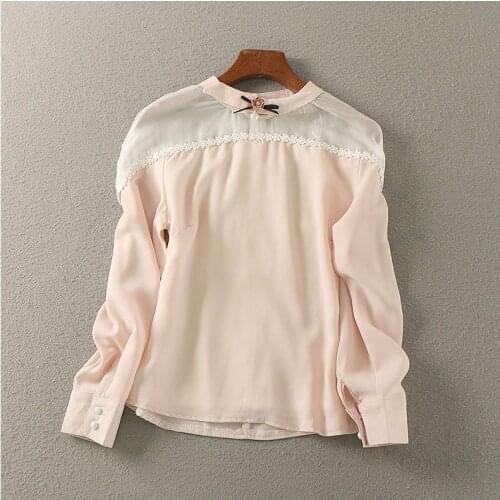 P146 Floral Beading Blouse Women Tops Round Neck Mesh Patchwork Chiffon Shirt Women Loose Blusas Mujer