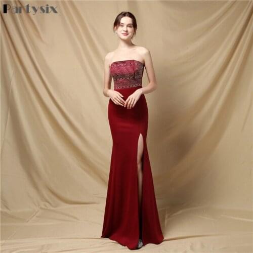 Partysix Red Evening Dress Mermaid Off Shoulder Prom Gown Dress Simple Fitted Elastic Formal Dresses Elegant
