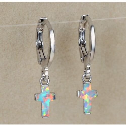 Simple Female White Opal Stone Earrings Charm Silver Color Small Hoop Earrings Vintage Bridal Cross Wedding Earrings For Women
