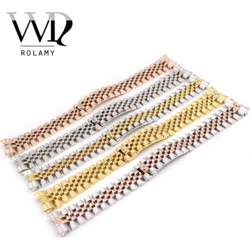 Rolamy 20mm 316L Stainless Steel Jubilee Two Tone Rose Gold Wrist Watch Strap Bracelet Solid Screw Links Curved End For Rolex
