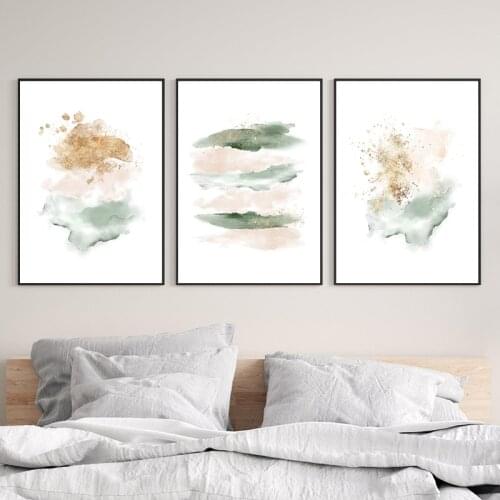 Pink Blush and Gold Pastel Abstract Watercolor Painting Canvas Print Nordic Poster Wall Art Pictures Bedroom Living Room Decor