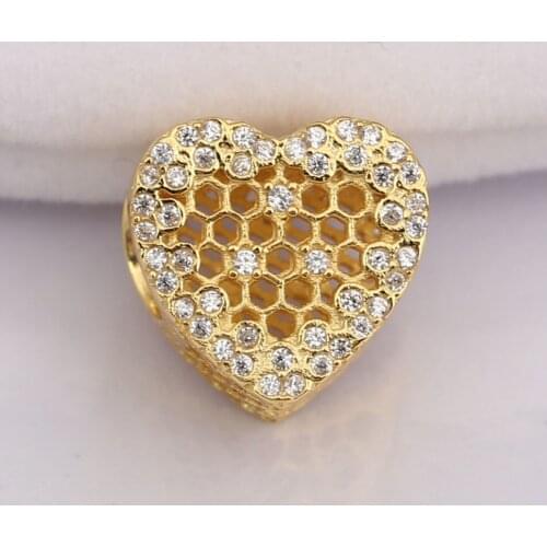 S925 Silver Bead Charm fit Lady Bangle Bracelet Honeycomb Lace Charm with Crystal Women DIY Jewelry