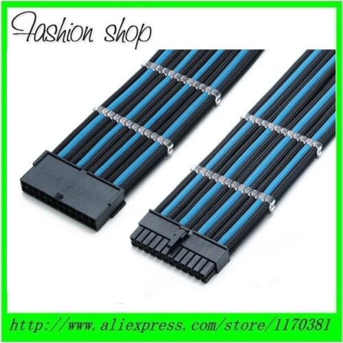 12" Single Sleeved Black & Light Blue 24 Pin ATX PSU Female to Male PC Power Extension Cable + 2PCS Clear Cable Comb