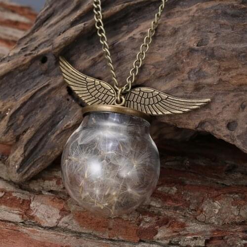 Vintage Dandelion Wish Glass Pendant Necklace Shellhard Fashion Angels Wings Heart Bottle Long Chain Necklaces Femme Jewelry