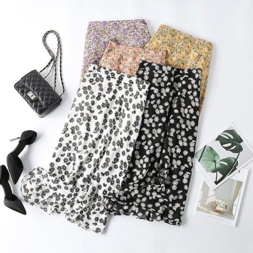 Summer Vintage Midi Long Skirt 2020 New Women Korean Chiffon Floral Skirt Sweet Elastic High Waist A-line skirts womens