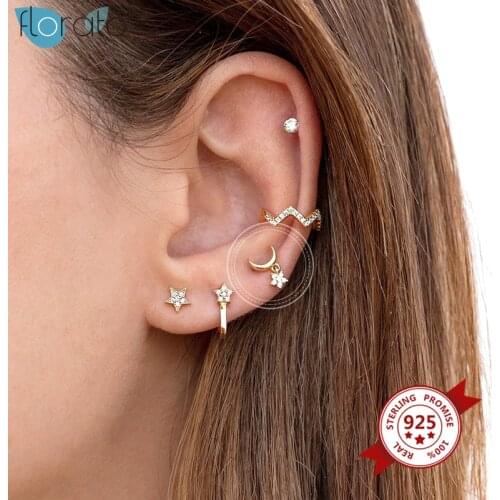 925 Sterling Silver Moon Stud Earrings for Women Crystal Flower Prevent Allergy Zircon Earrings Fashion Jewelry