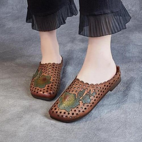 YourSeason 2020 New Female Genuine Leather Slippers Flat With Slides Outside Wear Women Sewing Flower Summer Shoes