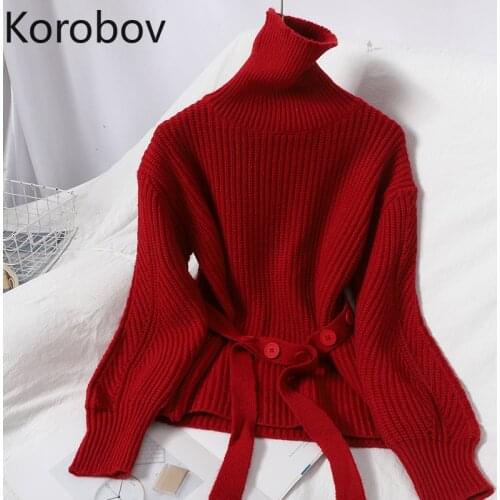 Korobov Office Lady Elegant Turtleneck Women Sweaters Korean Long Sleeve Vintage Sashes Lacing Slim Pullovers Solid Jumper