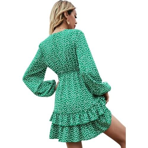 Femme Robes Summer Dress Women A-Line Dress For Women Bandage Ruffles Deep V Neck Long Sleeve Polka Print Boho Dresses Vetidos