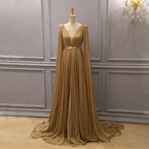 Gold Formal Dresses Evening Wear with Cape Plunging Neck Evening Gowns Dubai A Line Chiffon Pleated Floor Length Prom Dress
