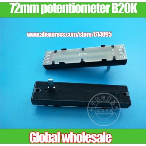 1pcs 72MM straight slip fader double potentiometer B20K / inner wiring pin / stereo 2-channel 20KB fader / handle length 15MMD