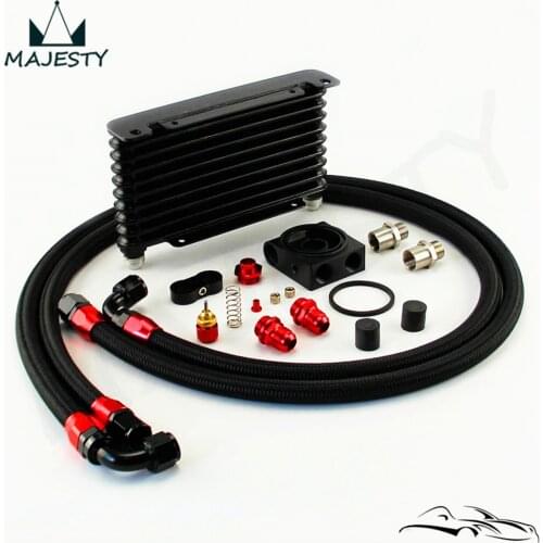 10AN 32MM 10 Rows Universal Engine Oil Cooler+Thermostat Sandwich Plate Black