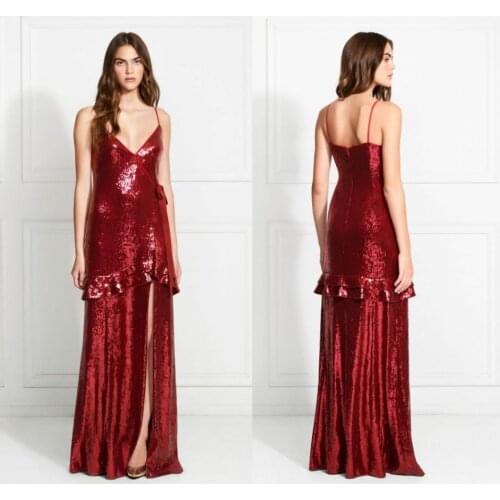 2020 Sexy Red Prom Gowns Whole Bling Bling Side Split Sequins Applique Spaghetti Straps Cloth Party Dresses Evening Dresses