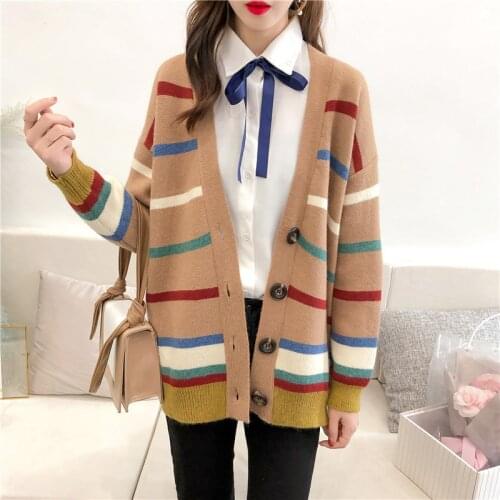 2021 New Autumn Loose Striped Knitted Cardigan Harajuku Style Thickened Cardigan All-match Short Wm