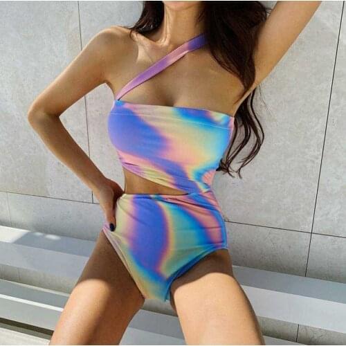 2021 Sexy One Piece Swimsuit Women Summer Beachwear Tie dye Print Swimwear Bandage Solid Bikini Bathing Suit High Waist Swimwear