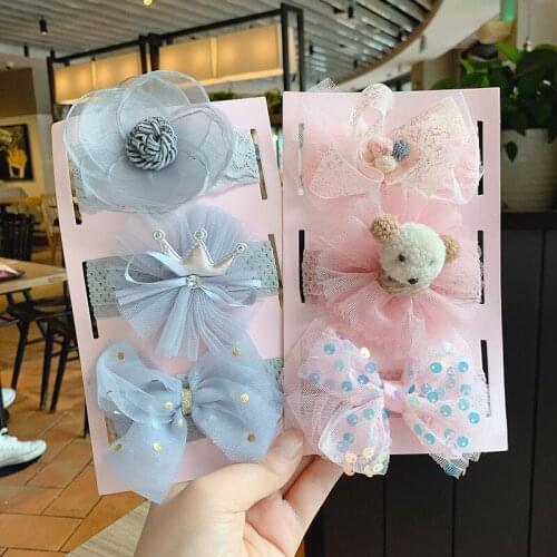 3Pcs/Set Cartoon Bear Baby Girls Headband Lace Flower Bows Baby Headband Turban Crown Star Girls Hair Band Baby Hair Accessories