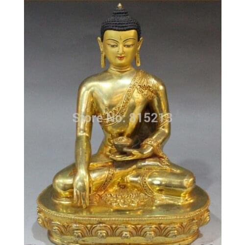 Bi001151 10"Tibet Buddhis Fane Bronze 24K Gold Medicine Tathagata Sakyamuni Buddha Statue