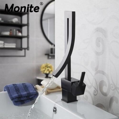 Monite Black Brass Basin Faucet Single Handle Waterfall Basin Mixer Tap Hot & Cold Bathroom Faucets Sink Waterfall Faucet Drain