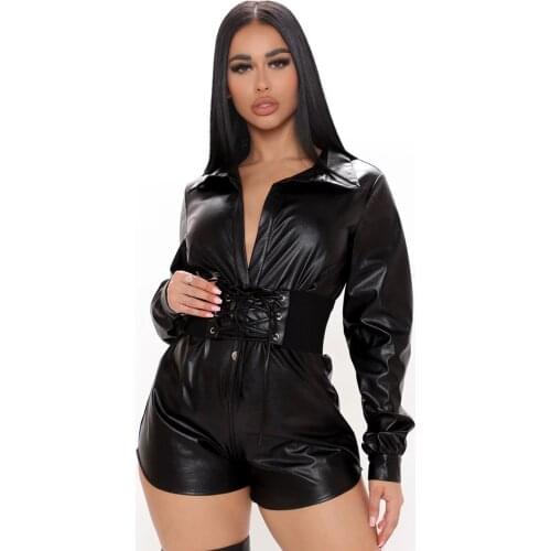 PU Leather Short Jumpsuit Women V-neck Lace Up Waist Faux Leather Playsuits Shorts Sexy Bandage Rompers One Piece Club Outfits