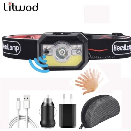 XP-G Q5 Sensor Headlamp Headlight Head lamp Waterproof LED Built-in Usb Rechargeable Battery Driving Light Red COB Bulb Litwod