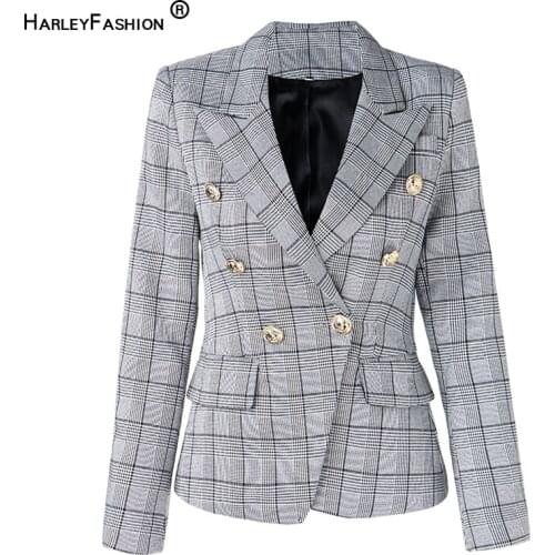 HarleyFashion Fall Spring Design Classic Style Quality OL Workwear Buttons Plaid Pattern Blazer Women Jackets