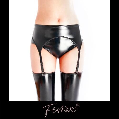 Ftshist Gloss Faux Leather Sexy Mid-Waist Garter Belt Four Metal Buckle Suspenders Metallic Color Lacquered Leather Lingerie Kit